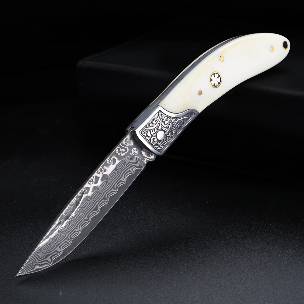 Bone Folder Tool - Couteau pliant en acier damas Bull